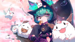 Rule 34 | 1girl, blush, brown horns, cherry blossoms, closed mouth, cookie, eating, eyes visible through hair, food, food in mouth, food on face, food request, green hair, highres, holding, holding food, hood, horns, league of legends, long sleeves, mouth hold, petals, poro (league of legends), purple eyes, shadow, short hair, sleeves past fingers, sleeves past wrists, tongue, tongue out, vex (league of legends), yordle, yoshimori isa