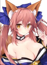 Rule 34 | 10s, 1girl, animal ears, breasts, closed mouth, detached sleeves, fate/extra, fate/extra ccc, fate (series), fox ears, fox shadow puppet, fox tail, hair ribbon, highres, japanese clothes, large breasts, long hair, miko (royal milk), pink hair, ribbon, smile, solo, tail, tamamo (fate), tamamo no mae (fate/extra), upper body, yellow eyes