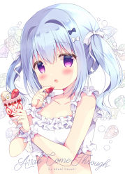 Rule 34 | 1girl, :o, artist name, azumi kazuki, bare shoulders, blue bow, blue hair, blush, bow, collarbone, commentary request, dotted line, dress, english text, food, fruit, gem, hair between eyes, hair bow, heart, highres, holding, holding food, long hair, open mouth, original, parfait, purple eyes, signature, sleeveless, sleeveless dress, solo, strawberry, twintails, upper body, white background, white bow, white dress, wrist cuffs