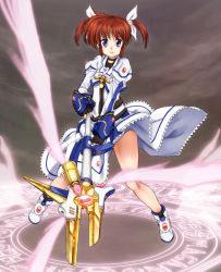 Rule 34 | 10s, armor, blue eyes, boots, brooch, brown hair, clothes lift, crop top, fighting stance, fingerless gloves, flat chest, gloves, glowing, hair ribbon, highres, jewelry, legs, lyrical nanoha, magic circle, magical girl, mahou shoujo lyrical nanoha, mahou shoujo lyrical nanoha the movie 1st, raising heart, raising heart (cannon mode), ribbon, scharfschutze, short hair, short twintails, skirt, skirt lift, smile, solo, staff, standing, takamachi nanoha, takamachi nanoha (movie 1st mode), turtleneck, twintails, weapon, wind, wind lift, wings