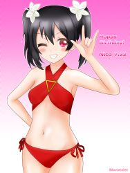 Rule 34 | 1girl, artist name, artist request, bare shoulders, bikini, bikini skirt, black hair, blush, bow, breasts, butatales, cleavage, collarbone, criss-cross halter, female focus, flat chest, flower, grin, hair between eyes, hair bow, hair flower, hair ornament, halterneck, hand on own hip, highres, long hair, looking at viewer, love live!, love live! school idol festival, love live! school idol project, m/, one eye closed, parted lips, red bikini, red eyes, shangri-la shower, short hair, short twintails, side-tie bikini bottom, small breasts, smile, solo, swimsuit, twintails, white flower, yazawa nico