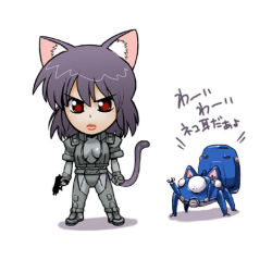 Rule 34 | 00s, animal ears, cat ears, cat tail, ghost in the shell, ghost in the shell stand alone complex, kusanagi motoko, lowres, purple hair, red eyes, short hair, tachikoma, tail