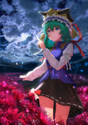 Rule 34 | 1girl, absurdres, asymmetrical hair, black skirt, blue eyes, blue vest, blurry, blurry background, breasts, buttons, closed mouth, cloud, cloudy sky, depth of field, feet out of frame, field, flower, flower field, frills, ginlear, gold trim, green eyes, green hair, hair between eyes, hand up, hat, highres, holding, holding stick, juliet sleeves, light particles, light smile, long sleeves, looking at viewer, medium breasts, medium hair, multicolored eyes, night, night sky, outdoors, outstretched arm, puffy sleeves, red flower, red ribbon, ribbon, rod of remorse, shiki eiki, skirt, sky, solo, spider lily, stick, thighs, touhou, vest, white ribbon
