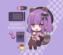 Rule 34 | 1girl, :d, animal, animal ears, beret, bird, black choker, black footwear, black scarf, blush, book, boots, brown pantyhose, brown skirt, call of cthulhu, checkered background, chibi, choker, commentary request, cup, dice, drawing tablet, food, fringe trim, grey hat, hat, hitsuki rei, holding, holding cup, indie virtual youtuber, mahou purinkan, open mouth, pantyhose, pink sweater, plaid headwear, pudding, purple background, purple eyes, purple hair, raccoon ears, raccoon girl, raccoon tail, ribbed sweater, saucer, scarf, sitting, skirt, smile, solo, sparkle, spoon, striped tail, stylus, sweater, tail, virtual youtuber
