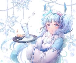Rule 34 | 1girl, blue bow, blue eyes, blue hair, blush, bow, cup, drinking glass, drinking straw, finger to mouth, hair bow, hatsune miku, holding, holding tray, long hair, looking at viewer, open mouth, ozzingo, pink bow, snowflakes, solo, tray, vocaloid, yuki miku, yuki miku (2018) (applicant)