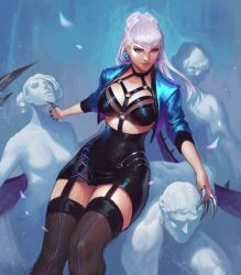 Rule 34 | 1girl, asymmetrical bangs, black choker, black garter straps, black skirt, black thighhighs, blue background, breasts, choker, claw (weapon), closed mouth, cropped jacket, demon, demon girl, drop earrings, earrings, evelynn (league of legends), eyeshadow, garter straps, hand on another&#039;s head, hand on another&#039;s neck, highres, jacket, jeremy anninos, jewelry, league of legends, long hair, looking at viewer, makeup, medium breasts, o-ring, open clothes, open jacket, pink lips, purple eyeshadow, revealing clothes, sitting, skirt, solo, statue, the baddest evelynn, thighhighs, weapon, white hair