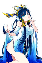 Rule 34 | 1girl, :3, ass, blue eyes, blue hair, doushimasho, finger to mouth, hair ornament, highres, isis (p&amp;d), leg lift, long hair, no panties, puzzle &amp; dragons, robe, side slit, simple background, solo, white background