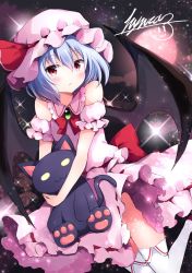 Rule 34 | 1girl, adapted costume, artist name, bad id, bad twitter id, bare shoulders, bat wings, blue hair, blush, bow, bowtie, brooch, commentary request, dress, hair between eyes, hat, hat ribbon, highres, holding, holding stuffed toy, hyurasan, jewelry, looking at viewer, mob cap, parted lips, pink dress, pink hat, red bow, red bowtie, red eyes, red ribbon, remilia scarlet, ribbon, short hair, signature, solo, sparkle, stuffed animal, stuffed toy, thighs, touhou, wings