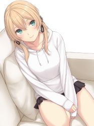 Rule 34 | 1girl, blonde hair, blush, casual, collarbone, commentary request, couch, green eyes, hood, hoodie, kantai collection, long hair, long sleeves, looking at viewer, nananichi, pillow, pleated skirt, prinz eugen (kancolle), skirt, smile, solo, white background