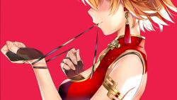 Rule 34 | 1girl, chinese clothes, earrings, from side, highres, jewelry, misaki kurehito, natsume shishi, orange hair, red background, shishi channel, simple background, solo, tassel, tassel earrings, virtual youtuber