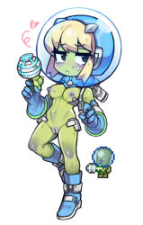 Rule 34 | 1girl, alien, black eyes, blonde hair, blue footwear, blue gloves, boots, brain scrambler, breasts, broken heart, cleft of venus, colored skin, creature and personification, energy gun, full body, furrowed brow, gloves, green skin, gun, heart, helmet, holding, holding gun, holding weapon, knee boots, leg up, medium breasts, no nose, nyong nyong, personification, ray gun, short hair, simple background, solo, space helmet, terraria, uncensored, weapon, white background