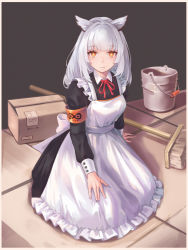Rule 34 | 1girl, absurdres, alternate costume, apron, arknights, armband, black dress, box, broom, bucket, chinese commentary, commentary request, dress, enmaided, highres, long hair, looking at viewer, maid, maid apron, neck ribbon, orange eyes, pointy hair, ptilopsis (arknights), red ribbon, rhine lab logo, ribbon, silver hair, solo, white apron, yinghuahua