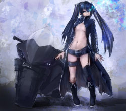 Rule 34 | 10s, 1girl, black hair, black rock shooter, black rock shooter (character), blue eyes, boots, breasts, coat, colorized, garter straps, glowing, glowing eye, knee boots, long coat, long hair, motor vehicle, motorcycle, navel, open clothes, open coat, pale skin, revision, riftgarret, shorts, single thighhigh, solo, thigh strap, thighhighs, twintails, vehicle