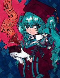 Rule 34 | 1girl, aqua eyes, aqua hair, blue background, character doll, collared shirt, gloves, hair ribbon, hat, hatsune miku, highres, holding, long hair, looking to the side, marker (medium), mortarboard, musical note, necktie, parted lips, phonograph, ribbon, shirt, stuffed toy, traditional media, twintails, vocaloid, wavy hair, yamakita higashi