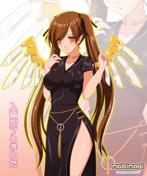 Rule 34 | 1girl, blush, breasts, brown hair, china dress, chinese clothes, choker, cosplay, covered erect nipples, dress, elf, female blunt spirit, kafu (logaemon), large breasts, long hair, mabinogi, mechanical wings, nao (cosplay), nao (mabinogi), nao (mabinogi) (cosplay), orange eyes, pointy ears, side slit, solo, spirit, thighs, twintails, very long hair, wings, zoom layer