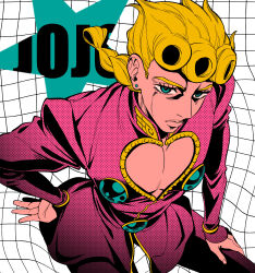 Rule 34 | 1boy, a dzu (hnm knm 04), absurdres, blonde hair, bracelet, closed mouth, ear piercing, earrings, english text, frown, giorno giovanna, gold bracelet, highres, jewelry, jojo no kimyou na bouken, long sleeves, looking at viewer, male focus, piercing, solo, stud earrings, vento aureo