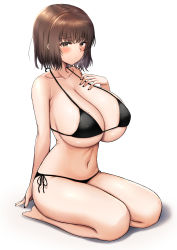 Rule 34 | 1girl, absurdres, bare legs, barefoot, bikini, black bikini, blush, breasts, brown eyes, brown hair, cleavage, closed mouth, collarbone, commentary request, feet, highres, huge breasts, mole, mole on breast, nail polish, navel, original, sho (wnmf3234), short hair, side-tie bikini bottom, simple background, sitting, solo, stomach, swimsuit, toes, wariza, white background