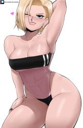 Rule 34 | 1girl, absurdres, android 18, bare shoulders, blonde hair, breasts, cleavage, covered navel, dragon ball, echo saber, gris swimsuit, highres, large breasts, looking at viewer, meme, meme attire, navel, one-piece swimsuit, see-through, see-through one-piece swimsuit, short hair, simple background, smile, swimsuit, thighs, white background