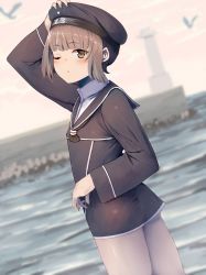 Rule 34 | 1girl, bird, blurry, blurry background, brown eyes, brown hair, clothes writing, dress, flat chest, hat, highres, honmakaina kudou, kantai collection, lighthouse, long sleeves, outdoors, sailor dress, sailor hat, short hair, solo, standing, z3 max schultz (kancolle)