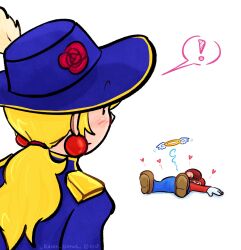 Rule 34 | !, aristocratic clothes, back, blood, blue headwear, blue jacket, blue overalls, blush, brown footwear, cabbie hat, earrings, epaulettes, facial hair, flower, giving up the ghost, gloves, halo, hat, hat feather, hat flower, heart, highres, jacket, jewelry, kairy draws, long hair, low ponytail, lying, mario, mario (series), mustache, nintendo, nosebleed, on back, overalls, princess peach, princess peach: showtime!, red flower, red headwear, red rose, rose, shoes, so moe i&#039;m gonna die!, sphere earrings, spoken exclamation mark, surprised, swordfighter peach, unconscious, wavy hair, white gloves, winged halo