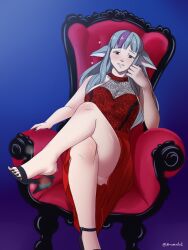 Rule 34 | 1girl, absurdres, alternate costume, animal ears, atramada, black nails, breasts, commission, commissioner upload, feet, fire emblem, fire emblem fates, grey hair, high heels, highres, large breasts, long hair, looking at viewer, multicolored hair, nail polish, nintendo, no panties, shoe dangle, sitting, solo, steam, thighs, throne, toenail polish, toenails, toes, two-tone dress, two-tone hair, velouria (fire emblem), wolf ears
