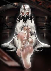 Rule 34 | 1girl, barefoot, blush, commission, covering face, crossed ankles, feet, foot focus, foreshortening, highres, horns, kantai collection, long hair, looking at viewer, nikishiko, pixiv commission, red eyes, seaport princess, single horn, soles, steam, sweat, toes, very long hair, white hair