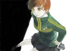 Rule 34 | 1girl, atlus, bad drawr id, bad id, bare legs, breasts, brown eyes, brown hair, dutch angle, expressionless, hands in pockets, hands on own hips, heterochromia, jacket, leaning, leaning forward, legs, oekaki, persona, persona 4, pinky out, satonaka chie, satou, shadow, shoes, short hair, skirt, socks, solo, standing, tomboy, track jacket, yellow eyes