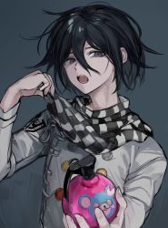Rule 34 | 1boy, animal print, bear print, black hair, blue eyes, checkered clothes, checkered scarf, commentary request, danganronpa (series), danganronpa v3: killing harmony, explosive, grenade, grey background, hair between eyes, hands up, highres, holding, holding grenade, jacket, long sleeves, looking at viewer, male focus, muuyiie, open mouth, oma kokichi, purple eyes, scarf, scarf pull, short hair, simple background, solo, straitjacket, upper body