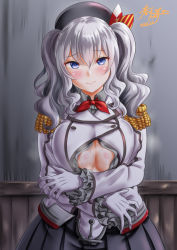 Rule 34 | 10s, 1girl, anchor, beret, blue eyes, blush, breasts, epaulettes, frilled sleeves, frills, gloves, grey skirt, hat, jacket, kantai collection, kashima (kancolle), kasugano tobari, large breasts, long sleeves, military, military uniform, neckerchief, open clothes, open jacket, pleated skirt, sidelocks, silver hair, skirt, smile, solo, sweat, twintails, uniform, wavy hair, white gloves