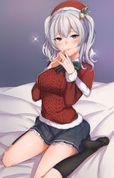 Rule 34 | 10s, 1girl, aran sweater, bad id, bad pixiv id, breasts, cable knit, feet, female focus, hair ornament, hat, highres, jewelry, kantai collection, kashima (kancolle), kyuuso inukami, large breasts, long hair, long legs, miniskirt, pleated skirt, ring, silver hair, sitting, skirt, smile, socks, solo, sweater, twintails, wariza, wedding band