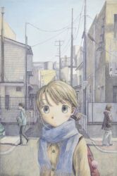 Rule 34 | 1boy, 2girls, backpack, bag, blue scarf, blue sky, building, buttons, clear sky, coat, day, emikuraya, expressionless, hair bun, hair ornament, hair scrunchie, hairclip, highres, jacket, looking at viewer, mixed-language commentary, multiple girls, oil painting (medium), original, painting (medium), power lines, road, scarf, scrunchie, sky, solo focus, traditional media, utility pole, winter clothes