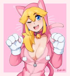 Rule 34 | 1girl, :d, animal costume, animal ears, animal hands, artist name, bell, blonde hair, blue eyes, blush, breasts, cat costume, cat ears, cat tail, collar, gloves, hair between eyes, highres, jewelry, large breasts, long hair, looking at viewer, mario (series), neck bell, nintendo, one eye closed, open mouth, princess peach, rob ishi, smile, solo, super mario 3d world, tail, white gloves