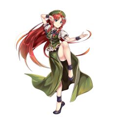 Rule 34 | 1girl, beret, black footwear, braid, breasts, clenched hand, closed mouth, full body, game cg, green eyes, green hat, green skirt, green vest, hat, hat ornament, highres, hong meiling, leg up, long hair, looking at viewer, medium breasts, parted bangs, red hair, rotte (1109), shirt, short sleeves, side braids, simple background, skirt, solo, standing, standing on one leg, star (symbol), star hat ornament, third-party source, touhou, touhou lostword, twin braids, vest, white background, white shirt, wristband