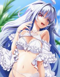 Rule 34 | 1girl, ahoge, bare shoulders, bikini, blue sky, blurry, blurry background, breasts, cleavage, commentary request, day, depth of field, fate/prototype, fate (series), grey hair, hair between eyes, hair intakes, hand up, highres, lady avalon (fate), lady avalon (second ascension) (fate), long hair, looking at viewer, medium breasts, merlin (fate/prototype), navel, outdoors, red eyes, sky, solo, swimsuit, very long hair, wapokichi, white bikini