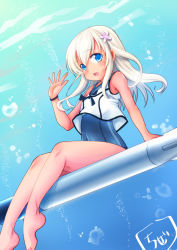 Rule 34 | 1girl, arm up, bare shoulders, blue eyes, blush, bracelet, breasts, chize, commentary request, covered navel, crop top, flower, hair between eyes, hair flower, hair ornament, jewelry, kantai collection, legs, long hair, looking at viewer, neckerchief, one-hour drawing challenge, one-piece swimsuit, one-piece tan, open mouth, ro-500 (kancolle), sailor collar, school swimsuit, sitting, smile, solo, swimsuit, swimsuit under clothes, tan, tanline, thighs, torpedo, underwater, white hair