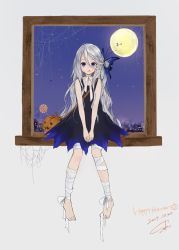Rule 34 | 1girl, :q, absurdres, bag, bandaged leg, bandages, bare arms, bare shoulders, barefoot, blue dress, blue eyes, blue sky, butterfly hair ornament, candy, choker, closed mouth, commentary request, dated, dress, food, food on face, full body, grey hair, hair between eyes, hair ornament, halloween, happy halloween, highres, jack-o&#039;-lantern, lollipop, long hair, neck ribbon, night, night sky, original, pumpkin, ribbon, sako (35s 00), shoulder bag, signature, sitting, sky, solo focus, star (sky), starry sky, tongue, tongue out, v arms, white ribbon, window