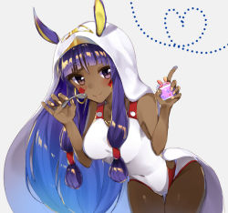 Rule 34 | 1girl, bad id, bad nicoseiga id, bent over, blush, breasts, closed mouth, competition swimsuit, dark-skinned female, dark skin, fate/grand order, fate (series), holding, holding spoon, inusaka, large breasts, leaning forward, long hair, looking at viewer, nitocris (fate), nitocris (fate/grand order), nitocris (swimsuit assassin) (fate), nitocris (swimsuit assassin) (second ascension) (fate), one-piece swimsuit, purple eyes, purple hair, smile, solo, spoon, swimsuit