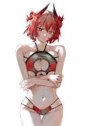 Rule 34 | 1girl, absurdres, arknights, bare shoulders, bikini, breasts, cleavage, crossed arms, feather hair ornament, feathers, fiammetta (arknights), hair ornament, highres, large breasts, looking at viewer, monmon (sleepymonmon), navel, red eyes, red hair, short hair, simple background, solo, swimsuit, white background