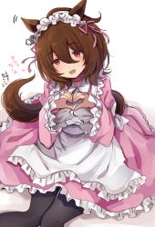 Rule 34 | 1girl, :d, agnes tachyon (umamusume), ahoge, alternate costume, animal ears, apron, artist request, black legwear, brown hair, earrings, empty eyes, frilled apron, frills, heart, heart hands, highres, horse ears, horse girl, horse tail, jewelry, long sleeves, maid, maid apron, maid headdress, messy hair, open mouth, red eyes, ribbon, short hair, single earring, smile, solo, tail, umamusume, white apron