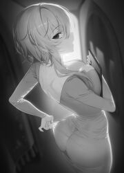 Rule 34 | 1girl, absurdres, ass, backless dress, backless outfit, breasts, cleavage, clipboard, dress, genshin impact, greyscale, hair between eyes, highres, holding, holding clipboard, ia (ias1010), looking at viewer, looking back, lumine (genshin impact), monochrome, see-through, short hair with long locks, taut clothes, taut dress, tight clothes, tight dress