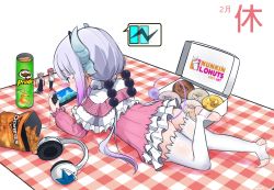 Rule 34 | 1girl, ass, barefoot, blue eyes, brand name imitation, character doll, chips (food), dated, doritos, doughnut, dragon girl, dunkin&#039; donuts, envysoi, feet, food, from behind, handheld game console, headphones, headphones removed, highres, horns, kanna kamui, kobayashi-san chi no maidragon, kobayashi (maidragon), long hair, long sleeves, lying, multicolored hair, panties, pantyshot, parody, playing games, playstation portable, potato chips, pringles, purple hair, silver hair, simple background, soles, solo, tail, thighhighs, toeless legwear, toes, tohru (maidragon), underwear, white background, white thighhighs