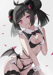 Rule 34 | 1girl, absurdres, black hair, black horns, blood, blood on face, breasts, curled horns, demon girl, demon wings, double bun, grey background, hair bun, hair ornament, highres, horns, looking at viewer, low wings, navel, original, pubic tattoo, qianqiu wanxia, red eyes, short hair, simple background, small breasts, smile, solo, stomach tattoo, tattoo, thighhighs, wings, x hair ornament