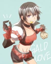 Rule 34 | 1girl, belt, black hair, blue background, breasts, choker, elbow gloves, gloves, grin, midriff, navel, open mouth, purple eyes, rutee katrea, short hair, short shorts, shorts, smile, tales of (series), tales of destiny