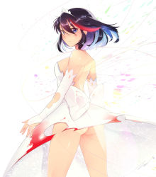 Rule 34 | 10s, 1girl, absurdres, ass, bad id, bad pixiv id, black hair, blood, blue eyes, bow, breasts, dress, highres, injury, kill la kill, looking at viewer, looking back, matoi ryuuko, multicolored hair, no panties, red hair, rotte (1109), short hair, solo, torn clothes, torn dress, two-tone hair