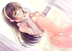 Rule 34 | 10s, 1girl, bow, bow panties, breasts, brown hair, clothes lift, curtains, day, dutch angle, glasses, green eyes, hairband, indoors, kantai collection, lifted by self, long hair, long sleeves, medium breasts, navel, nipples, no bra, ooyodo (kancolle), panties, ryu-akt, side-tie panties, solo, sweater, sweater lift, underwear, white panties, window
