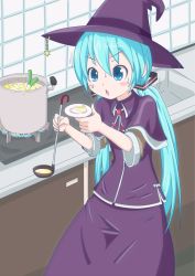 Rule 34 | 1girl, aqua eyes, aqua hair, blush, hat, hatsune miku, hatsune negame, ladle, long hair, plate, purple hat, solo, spring onion, sweat, tasting plate, twintails, vocaloid, witch, witch hat