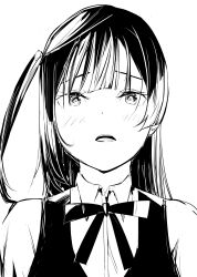 Rule 34 | 1girl, absurdres, blush, collared shirt, commentary request, furrowed brow, greyscale, highres, long hair, looking at viewer, love live!, love live! nijigasaki high school idol club, monochrome, neck ribbon, nijigasaki school uniform, one side up, open mouth, ribbon, school uniform, shirt, short sleeves, sidelocks, solo, summer uniform, tommer, upper body, vest, white background, yuki setsuna (love live!)