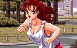 Rule 34 | 1990s (style), 1girl, breasts, building, cleavage, d.o., dithering, game cg, half updo, hirosaki yuui, lipstick, long hair, makeup, open mouth, outdoors, park, pc-98 (style), pc98, pixel art, ponytail, red eyes, red hair, retro artstyle, running, tank top, tree, wavy hair, youjuu senki a.d. 2048