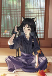 Rule 34 | 1girl, absurdres, animal ears, arknights, bilibilida, black hair, black kimono, blurry, blurry background, chinese commentary, crossed legs, dappled sunlight, dog ears, expressionless, facial mark, flat chest, forehead mark, full body, hand in own hair, highres, indian style, indoors, infection monitor (arknights), japanese clothes, kimono, leaf, long hair, looking at viewer, maple leaf, motion blur, open mouth, orange eyes, pants, parted bangs, purple pants, saga (arknights), sitting, solo, straight hair, sunlight