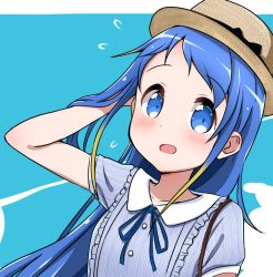 Rule 34 | 1girl, alternate costume, bag, blonde hair, blue background, blue eyes, blue ribbon, blue shirt, blush, collarbone, collared shirt, commentary request, flying sweatdrops, gradient hair, hand in own hair, hat, kantai collection, long hair, looking at viewer, multicolored hair, neck ribbon, open mouth, portrait, ribbon, samidare (kancolle), shirt, short sleeves, shoulder bag, sidelocks, simple background, solo, swept bangs, very long hair, yokoshima (euphoria)